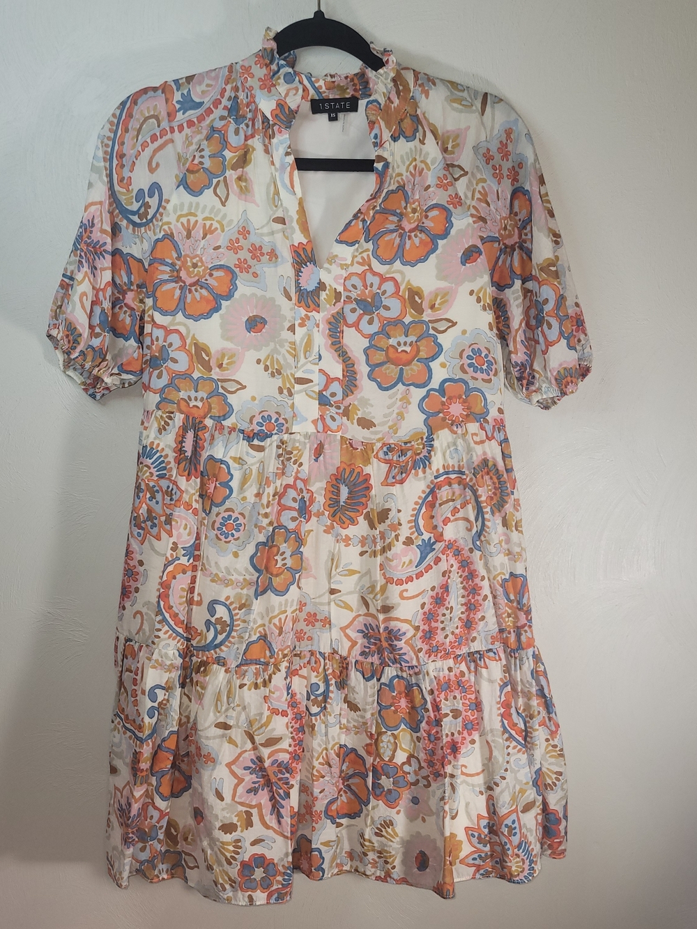 1 State Floral Tiered Mini Dress - Cream w/ Blue & Orange Floral Print - Size XS